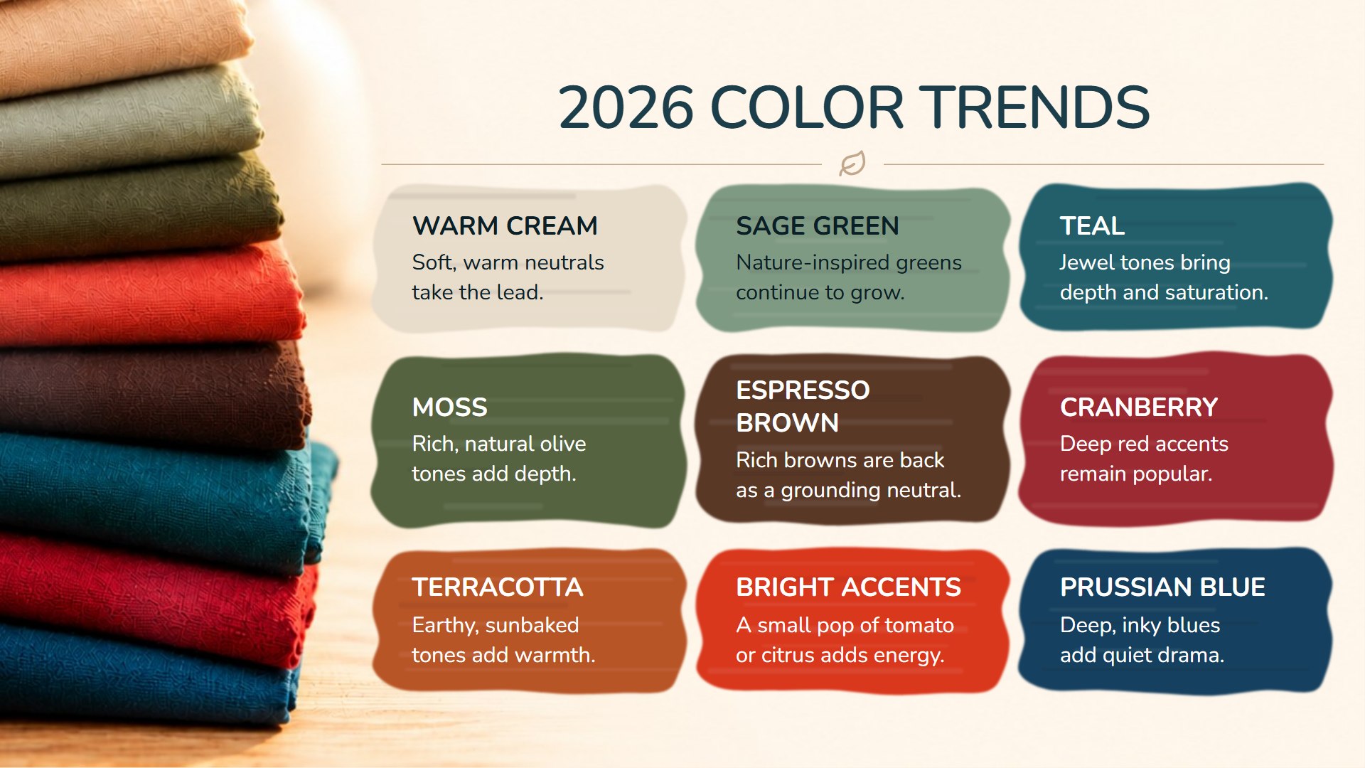 Stack of folded quilting fabrics in warm cream, sage, moss, terracotta, espresso brown, teal, cranberry and Prussian blue, beside a 2026 Color Trends swatch guide.