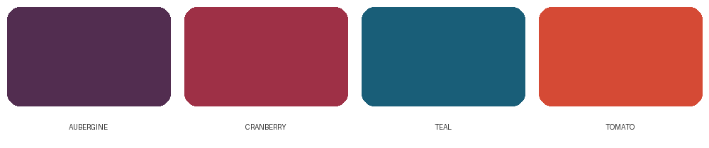 Color swatches of 2026 jewel tones and accents: aubergine, cranberry, teal and tomato